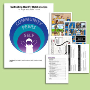 The cover page on the left reads "Community Peers Self" inside the tops of three consecutive purple, teal, and blue circles. It reads "Cultivating Healthy Relationships in Boys and Male Youth." To the right is a stack of sample pages. It is all against a light green background.